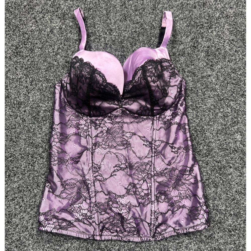 Cacique Corset Womens 14/16 Purple Black Lace Up Floral Bustier Lingerie Top